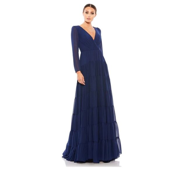 Ieena for Mac DUGGAL Long Sleeved Ruffle Tiered Evening Gown in Midnight Blue NW